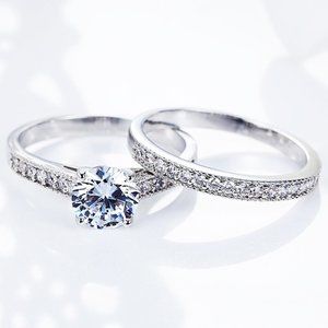🎁925 Silver Plated 2 PCs CZ Lovely Wedding Couple Ring, GPMB1397